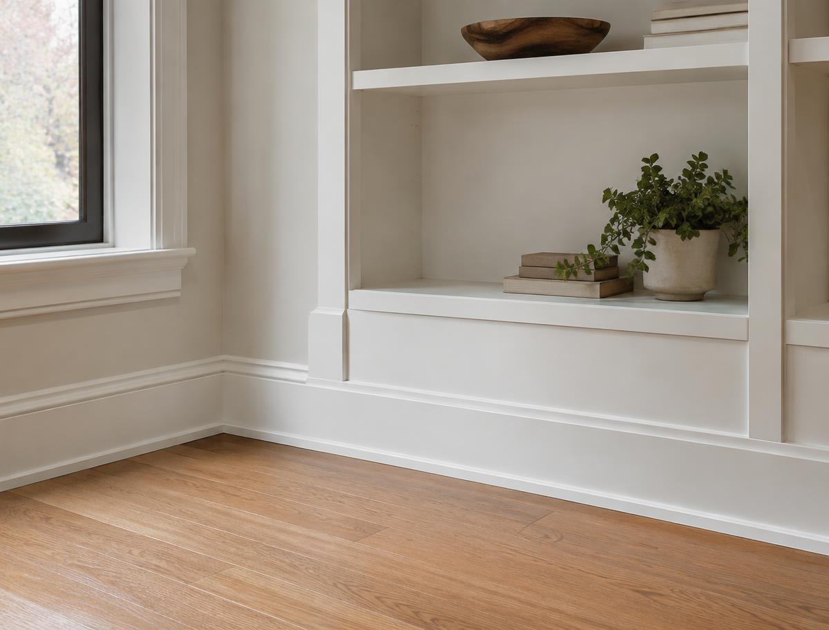 Illustrative completed built-in shelving and precise interior trim